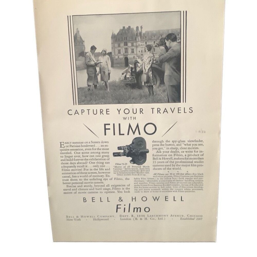 Vintage 1930 Bell & Howell Filmo Capture Your Travels Ad Advertisement
